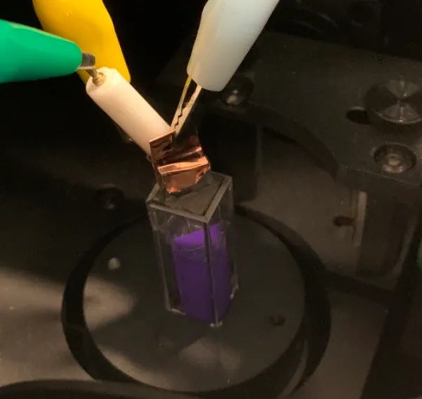 Our first (rudimentary) spectroelectrochemistry setup: measuring photoluminescence of a solid-state catalyst in situ whi
