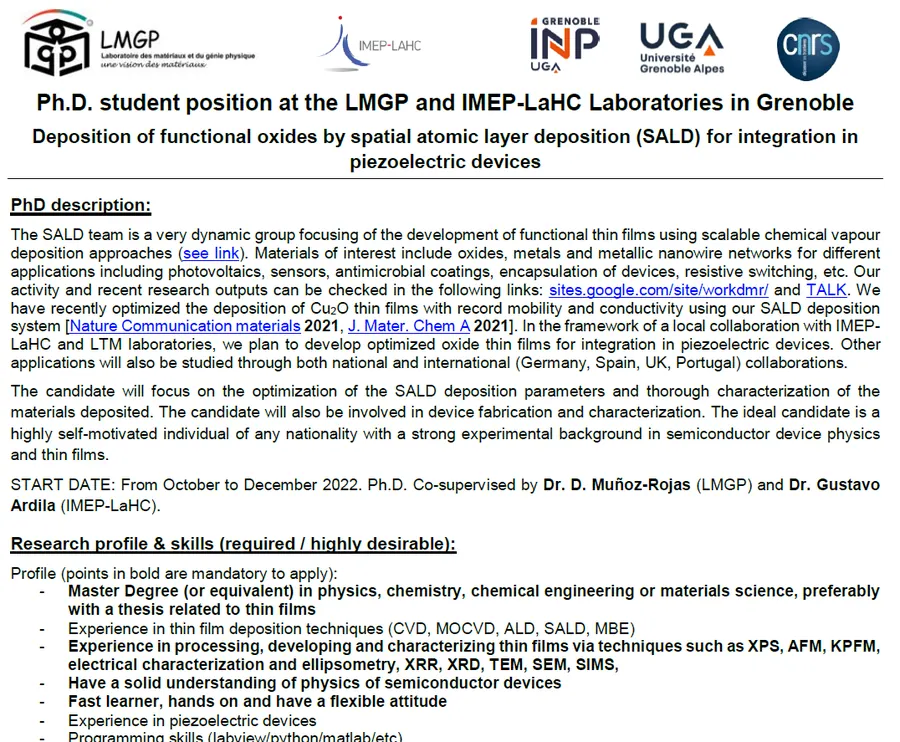 Open on atomic layer deposition at (France)